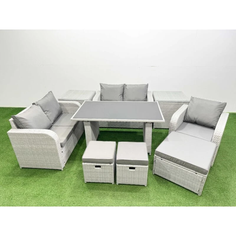 Image of Fimous Outdoor Furniture with 2 Side Tables, Love Sofa, 3 Stools 8 Seater in Light Grey Light Grey Unisex