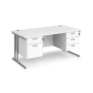 Image of Office Desk Rectangular Desk 1600mm With Double Pedestal White Top With Silver Frame 800mm Depth Maestro 25 MC16P23SWH