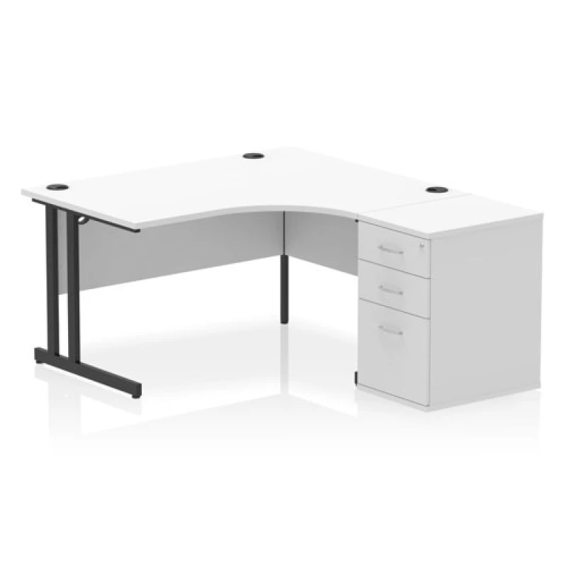 Image of Impulse Impulse 1400mm Right Crescent Office Desk White Top Black Cantilever Leg Workstation 600 Deep Desk High Pedestal IWSRC146BCWHT