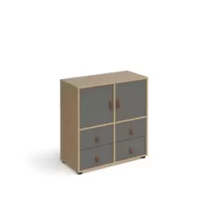 Image of Universal cube storage unit 875mm high on glides with 2 cupboards and 2 sets of drawers - oak with grey inserts