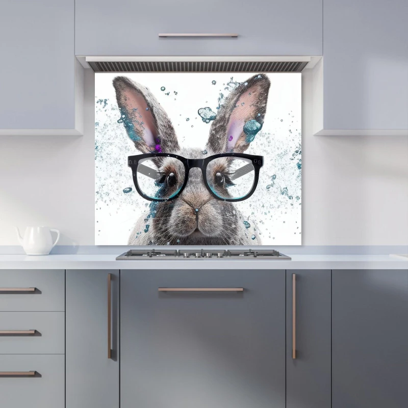 Image of Warren Reed - Designer Rabbit With Glasses Splashart Kitchen Splashback in Grey Size: 700mm x 650mm Grey Unisex 700mm x 650mm