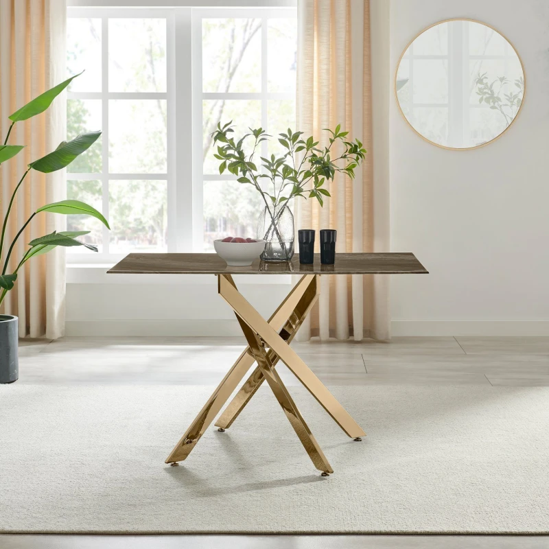 Image of FurnitureboxUK FurnitureboxUK Leonardo 4-Seater Dining Table With Marble Effect Glass Top And Gold Metal Legs in Dark Brown Dark Brown One Size Unisex