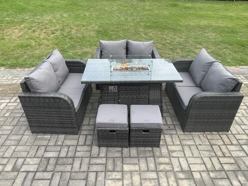 Image of Fimous 8 Seater Outdoor Rattan Furniture Garden Dining Set Gas Fire Pit Table with 2 Small Footstools Love Sofa Dark Grey Mixed Dark Grey
