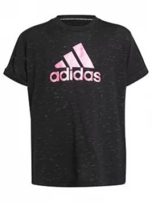 Image of adidas Junior Girls Badge Of Sport Tee, Black/Pink, Size 11-12 Years