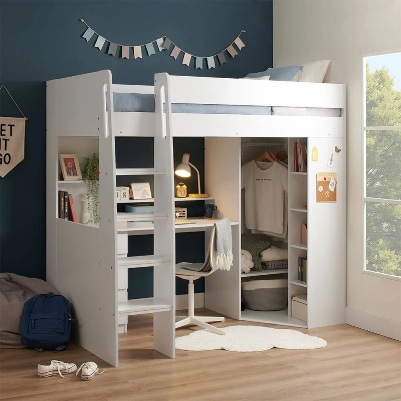 Image of Flair Harper High Sleeper Bed with Desk, Wardrobe & Storage in White Size: Single White Unisex Single