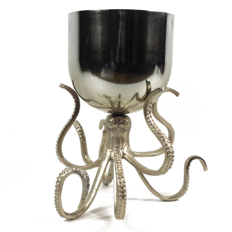 Image of Leaf Silver Metal Octopus Planter: 28cm Bowl Style - Handmade, Rustic Finish - Indoor Use
