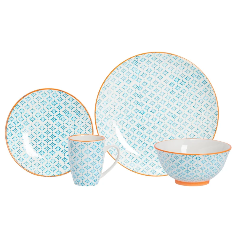 Image of Nicola Spring 24 Piece Hand-Printed Dinner Crockery Set in Blue Blue Unisex