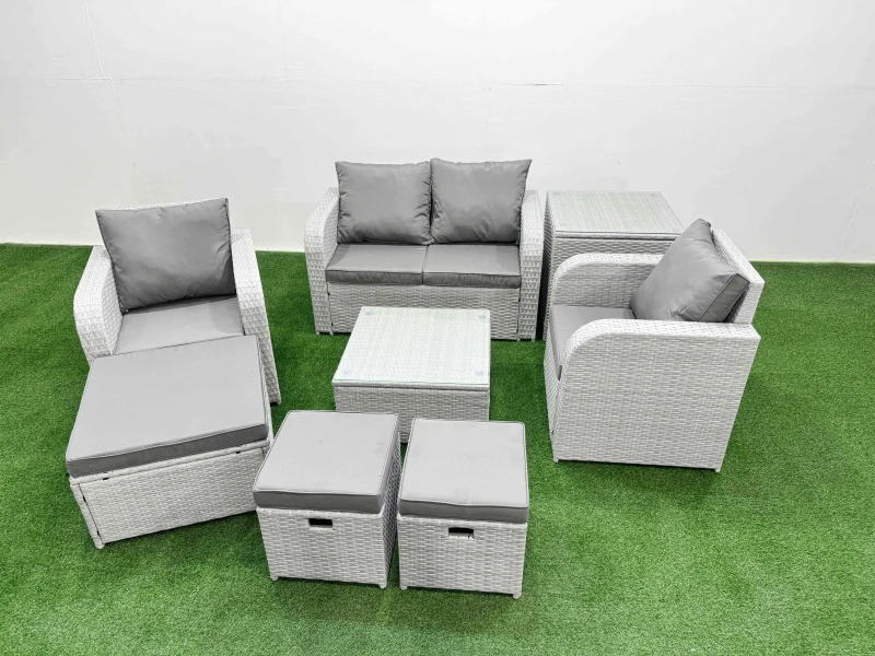 Image of Fimous Light Grey PE Wicker Rattan Garden Furniture Set Sofa Set Reclining Adjustable Chair Square Coffee Table 7 Seater 3 Stools Side Table Light Gr