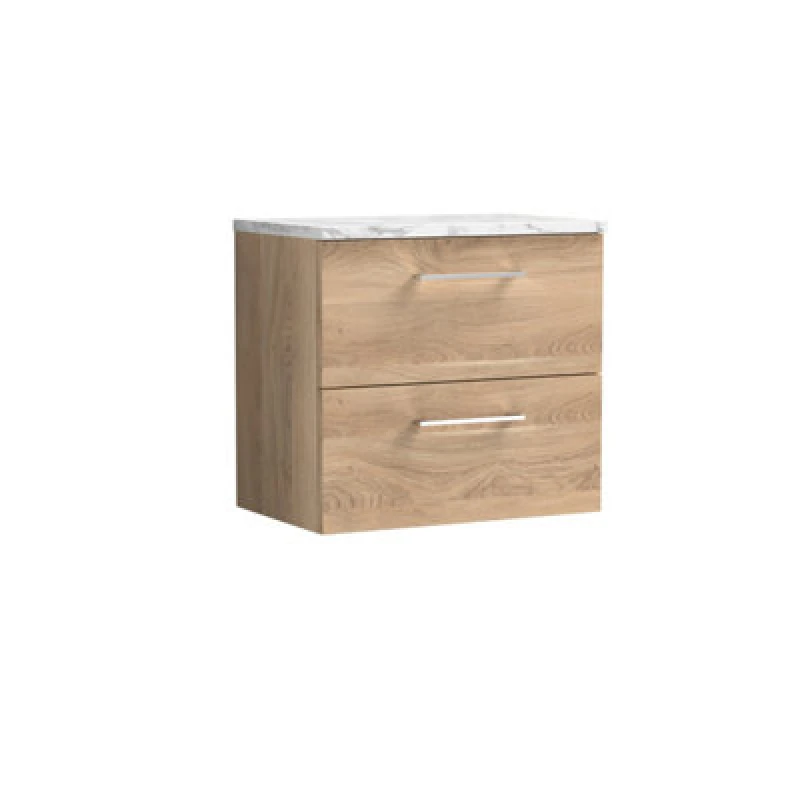 Image of Nuie Arno Wall Hung 2-Drawer Vanity & Carrera Marble Laminate Worktop, Stylish Counter Top Vanity Unit In Bleached Oak, 600mm
