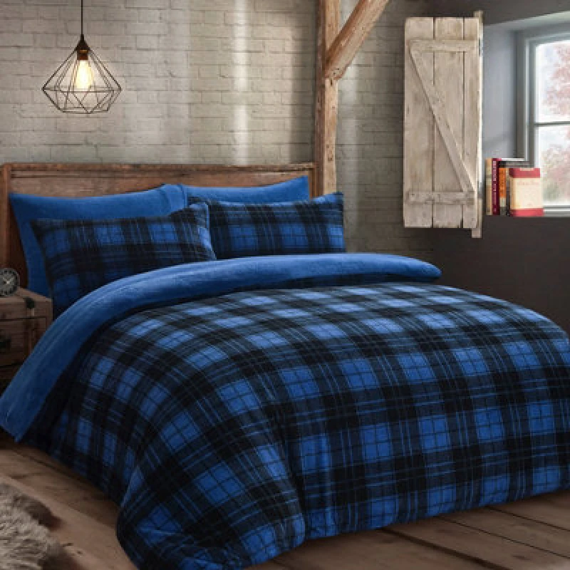 Image of Velosso Teddy Fleece Duvet Cover & Pillowcase Set, Cosy Winter Bedding, Button Enclosure, Machine Washable Bedroom Decor - Blue