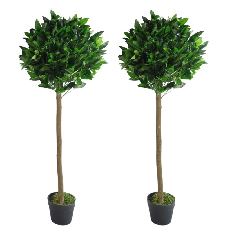 Image of Leaf Design Pair of 120cm (4ft) Plain Stem Artificial Topiary Bay Laurel Ball Trees
