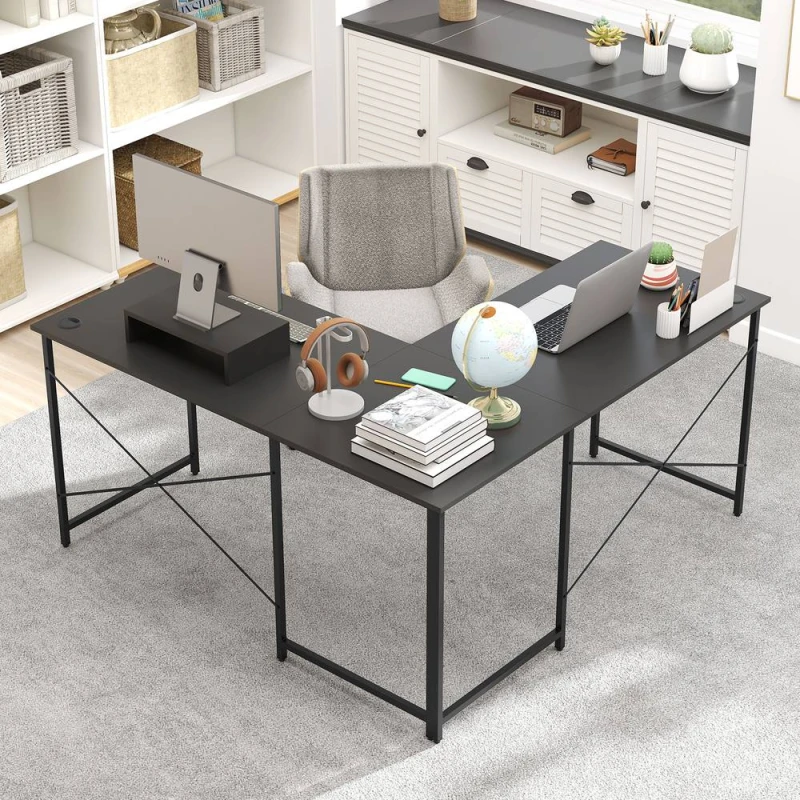 Image of COSTWAY L-Shaped Corner Computer Desk Reversible Study Writing Desk Workstation Home Office Laptop Table Grey Grey