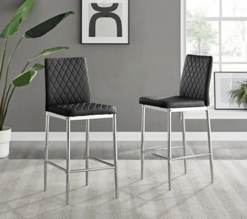 Image of Furniturebox Milan Black Diamond-Stiched Faux Leather Silver Leg Padded Bar Stools (Set Of 2)