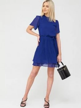 Image of Oasis Plain Pleated Skater Dress - Mid Blue Size 14, Women