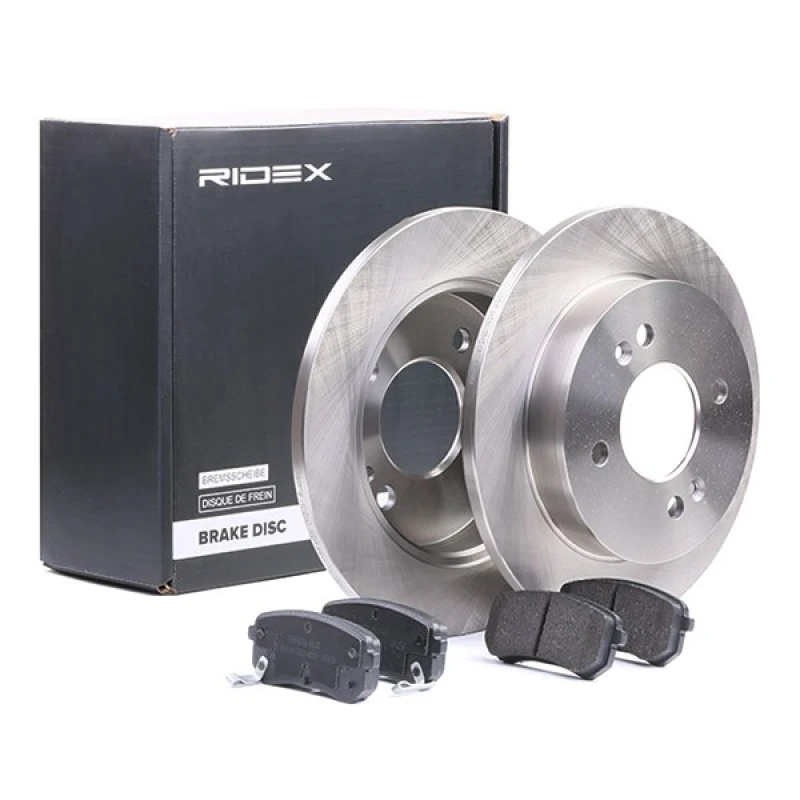 Image of RIDEX 3405B0111 Brake disc and pads set Rear Axle, Brake Disc Type: Solid Brake Set,disc brakes (3405)