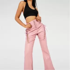 image of Missguided Faux Leather Lace Up Flared Trousers - Pink