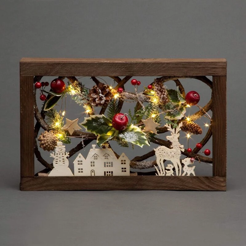 Image of Shatchi Prelit Wooden Rectangle Frame Tabletop Decorations with Leaves Pine Cones Berries 3D Nordic Scene,40cm Brown