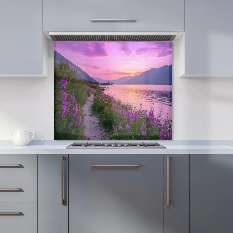 Image of Warren Reed - Designer Twilight Path by the Lake Kitchen Splashback in Purple Size: 600mm x 750mm Purple Unisex 600mm x 750mm