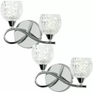 Image of Loops - 2 pack LED Twin Wall Light Twisted Chrome Arm Glass Pattern Shade Dimming Lamp