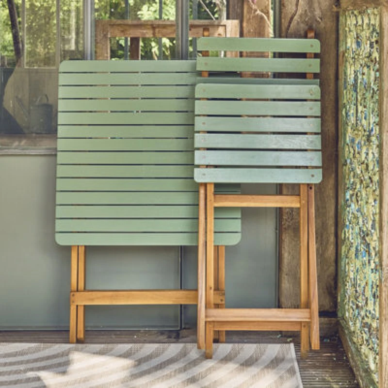 Image of Sweeek - Acacia Wood Garden Table 2 Folding Chairs Sage Green 60X60X8cm - Hilora