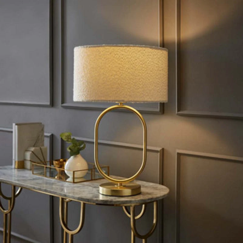 Image of Valuelights Antonia Cream Boucle Drum Shade Brushed Gold Oval Table Lamp