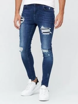 image of 11 Degrees Essential Super Stretch Distressed Jeans Skinny Fit, Indigo Wash Size M Men