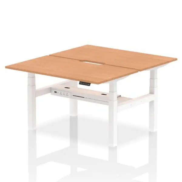 Image of Air Air Back-to-Back 1400 x 800mm Height Adjustable 2 Person Bench Desk Oak Top with Scalloped Edge White Frame HASSE2P14800OAKW
