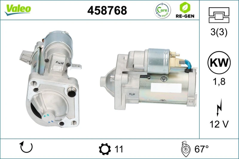 Image of VALEO 458768 Starter motor 1,8kW, 12V, Number of Teeth: 11 Starter (2)