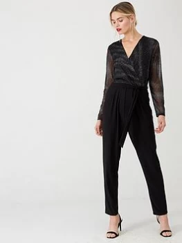 image of Wallis Sparkle Mesh Sleeve Jumpsuit - Black, Size 10, Women