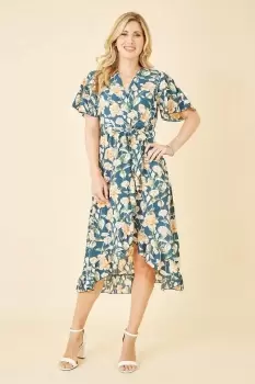 Image of Teal Floral Print Wrap Midi Dress