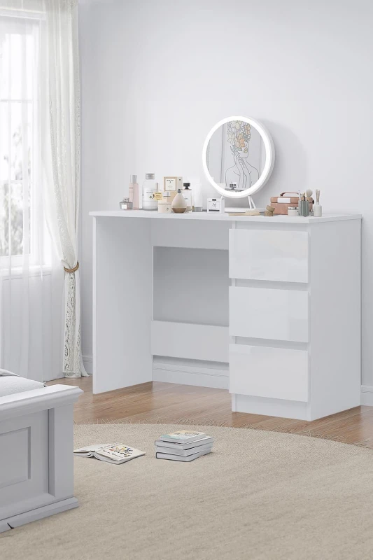 Image of FWStyle FWStyle High Gloss White Dressing Table Desk With 3 Large Drawers White