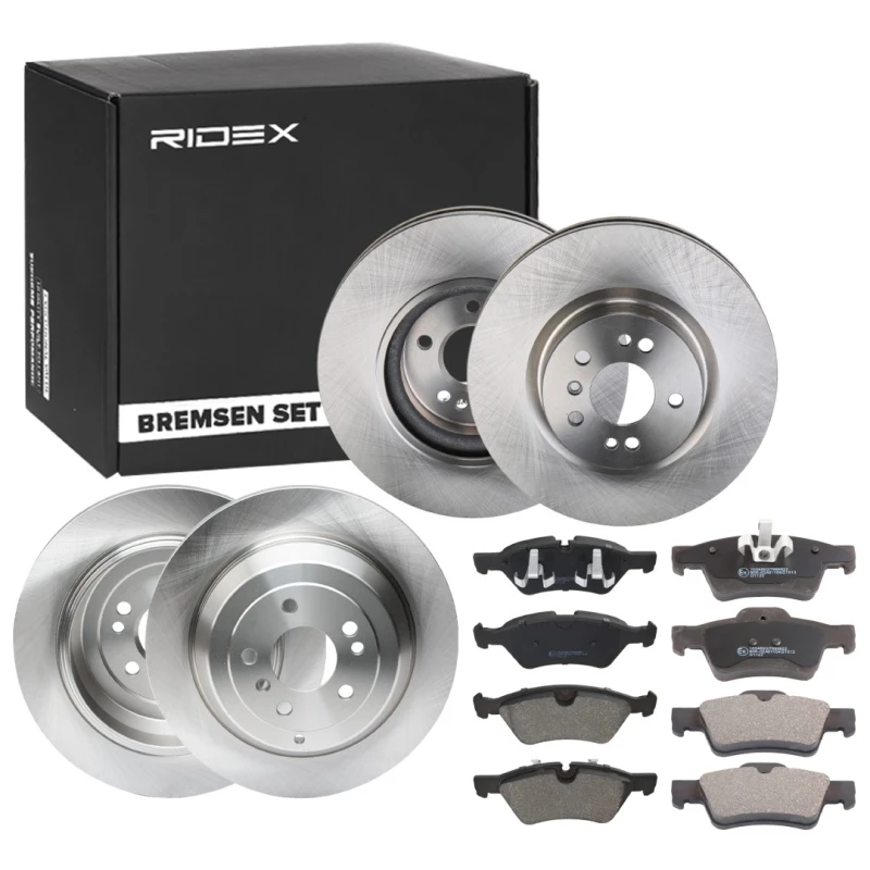 Image of RIDEX 3405B1673 Brake disc and pads set Rear Axle, Brake Disc Type: Solid, prepared for wear warning indicator, with piston clip Brake Set,disc brake