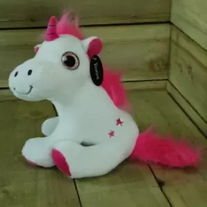 image of 25cm plush white unicorn with pink mane and tail