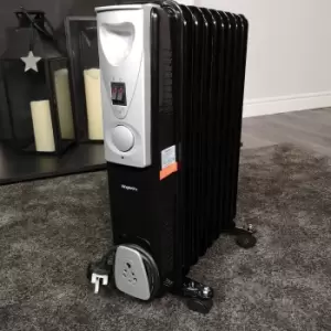 image of 2000w 2kw 9 Fin Slimline Black Oil Filled Radiator Heater with Adjustable Thermostat