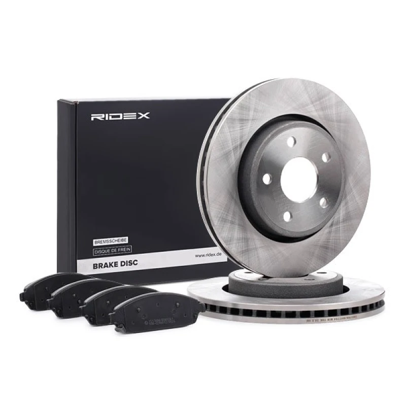 Image of RIDEX 3405B1513 Brake disc and pads set Front Axle, Brake Disc Type: Externally Vented, with acoustic wear warning Brake Set,disc brakes (3405)