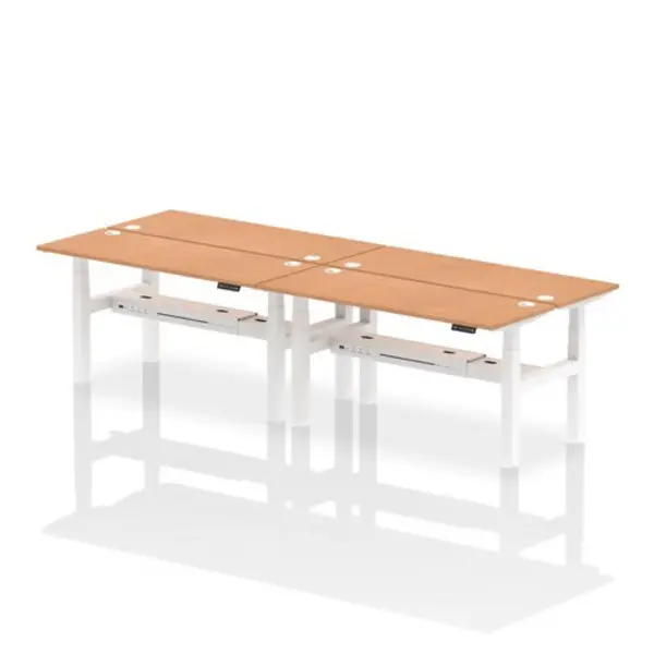Image of Air Air Back-to-Back 1600 x 600mm Height Adjustable 4 Person Bench Desk Oak Top with Cable Ports White Frame HASCP4P16600OAKW