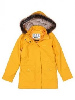 Image of Barbour Girls Bournemouth Faux Fur Hooded Rain Coat - Ochre