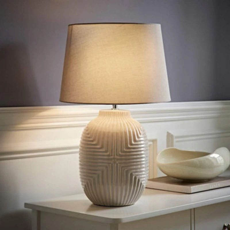 Image of ValueLights ValueLights Harrison Tapered Shade Grey Geometic Ribbed Pattern Gloss Table Lamp Size: Large Grey Large Unisex 5016529272144