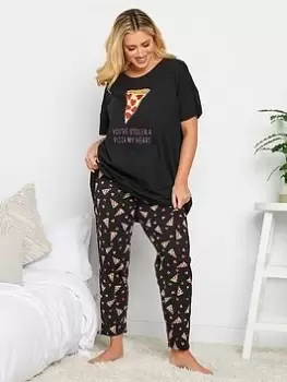 Image of Yours Yours Pizza My Heart Short Sleeve Tapered Pj Set, Black, Size 38-40, Women