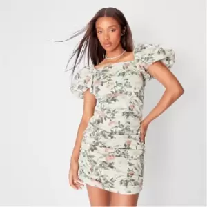 Missguided Floral Print Ruched Bardot Puff Sleeve Mini Dress - Cream