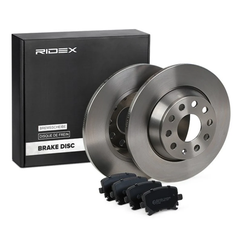 Image of RIDEX 3405B0492 Brake disc and pads set with accessories, Rear Axle, Brake Disc Type: Solid, excl. wear warning contact, with brake caliper screws Br