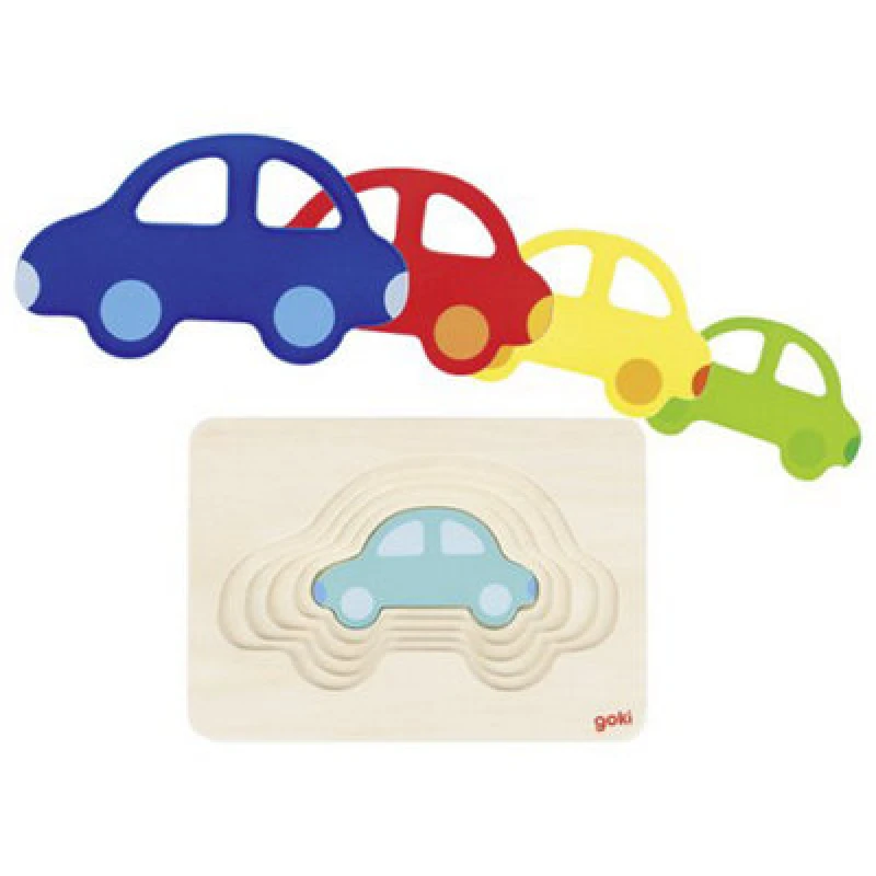 Image of Goki Wooden Car Puzzle Layered Stacking Game Colourful Childrens Kids Toy