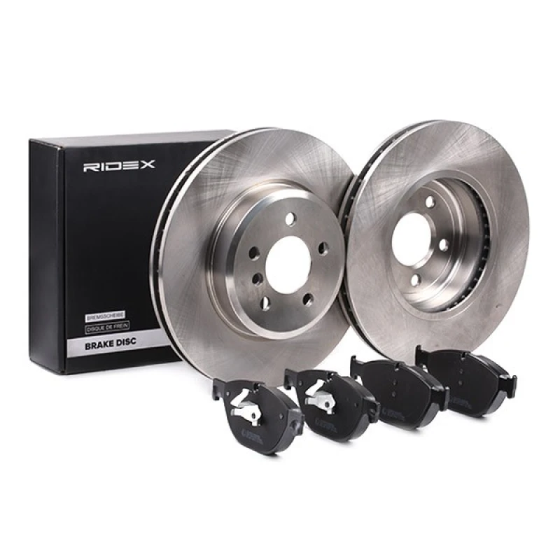 Image of RIDEX 3405B1458 Brake disc and pads set Front Axle, Brake Disc Type: Vented, prepared for wear warning indicator, with piston clip Brake Set,disc bra