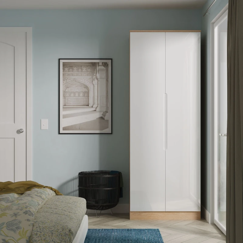 Image of Welcome Furniture Ready Assembled Milan Tall Plain Wardrobe In White Gloss & Bardolino Oak, White MIL080WGBO