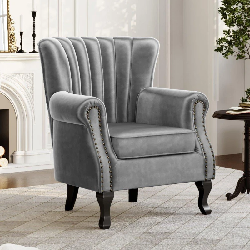 Image of Kabinet UK Vintage Velvet Wing Back Armchair with Studs Dark Grey unisex One size