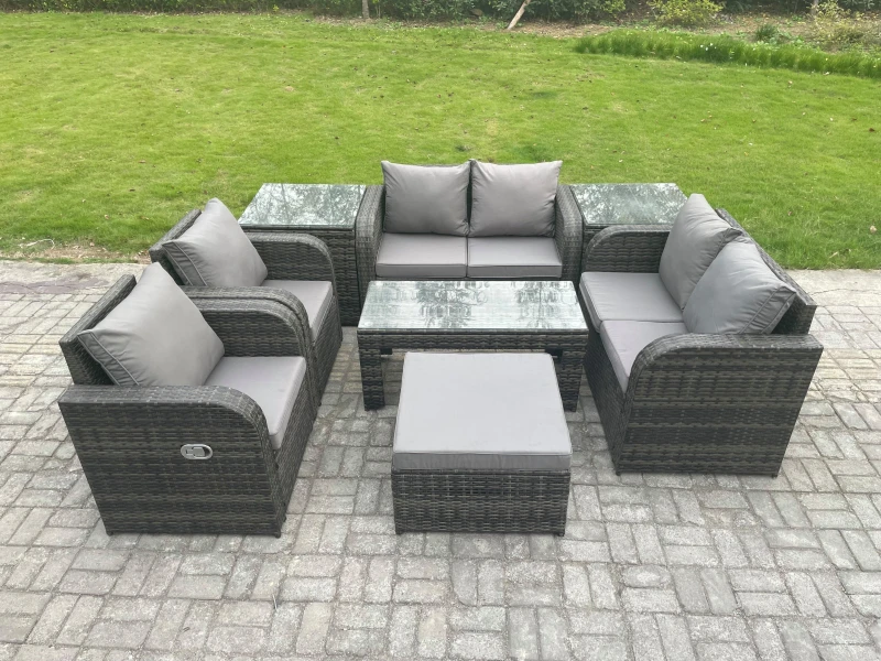Image of Fimous 8 Piece Rattan Garden Furniture Set Outdoor Patio Sofa, Table and Chairs Garden Table Ideal for Pool Side, Balcony, Outdoor Patio Set Dark Grey