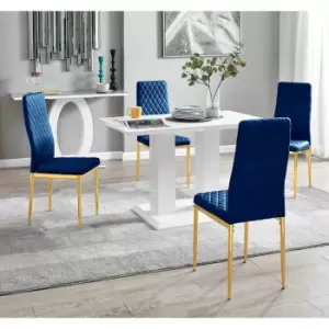 Image of Furniture Box Imperia 4 White Dining Table and 4 Navy Velvet Milan Gold Leg Chairs