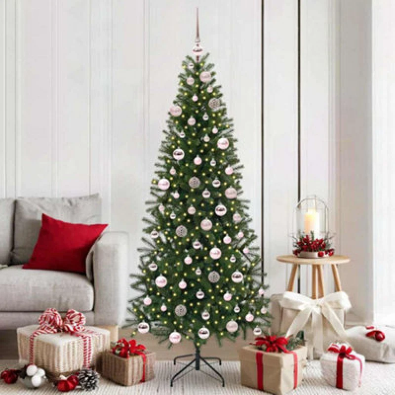 Image of vidaXL Artificial Christmas Tree with 300 LEDs, Pink Balls Green 180 x 90cm PE and PVC, Green 3397356