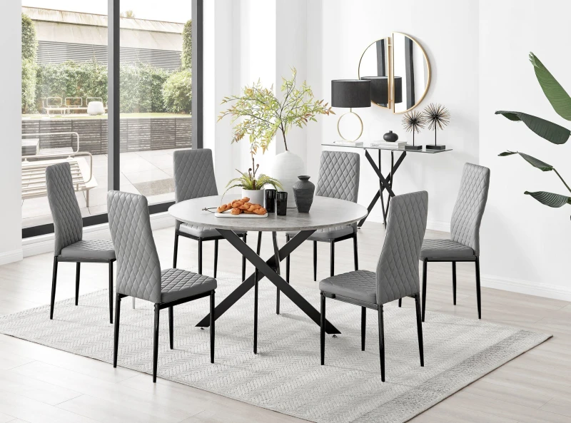 Image of FurnitureboxUK FurnitureboxUK Novara Grey Concrete Effect Black Leg 120cm Round Dining Table & 6 Milan Black Leg Chairs Grey One Size Unisex 505665711