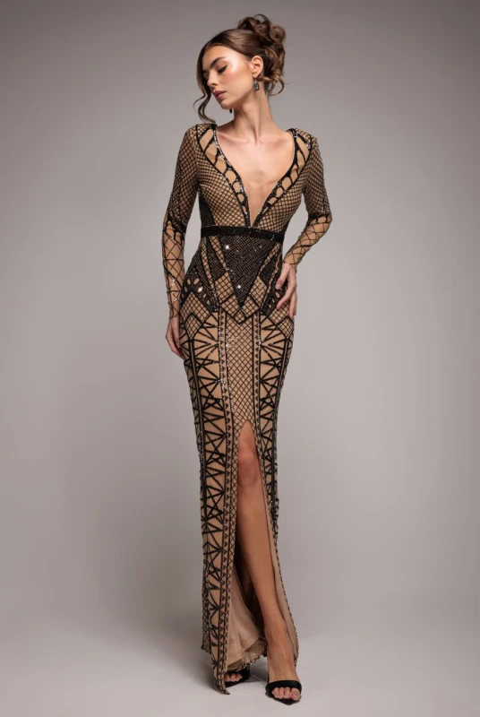 Image of Goddiva Womens Geometric Sequin Plunge Maxi in Black Size: 10 Black Female 10